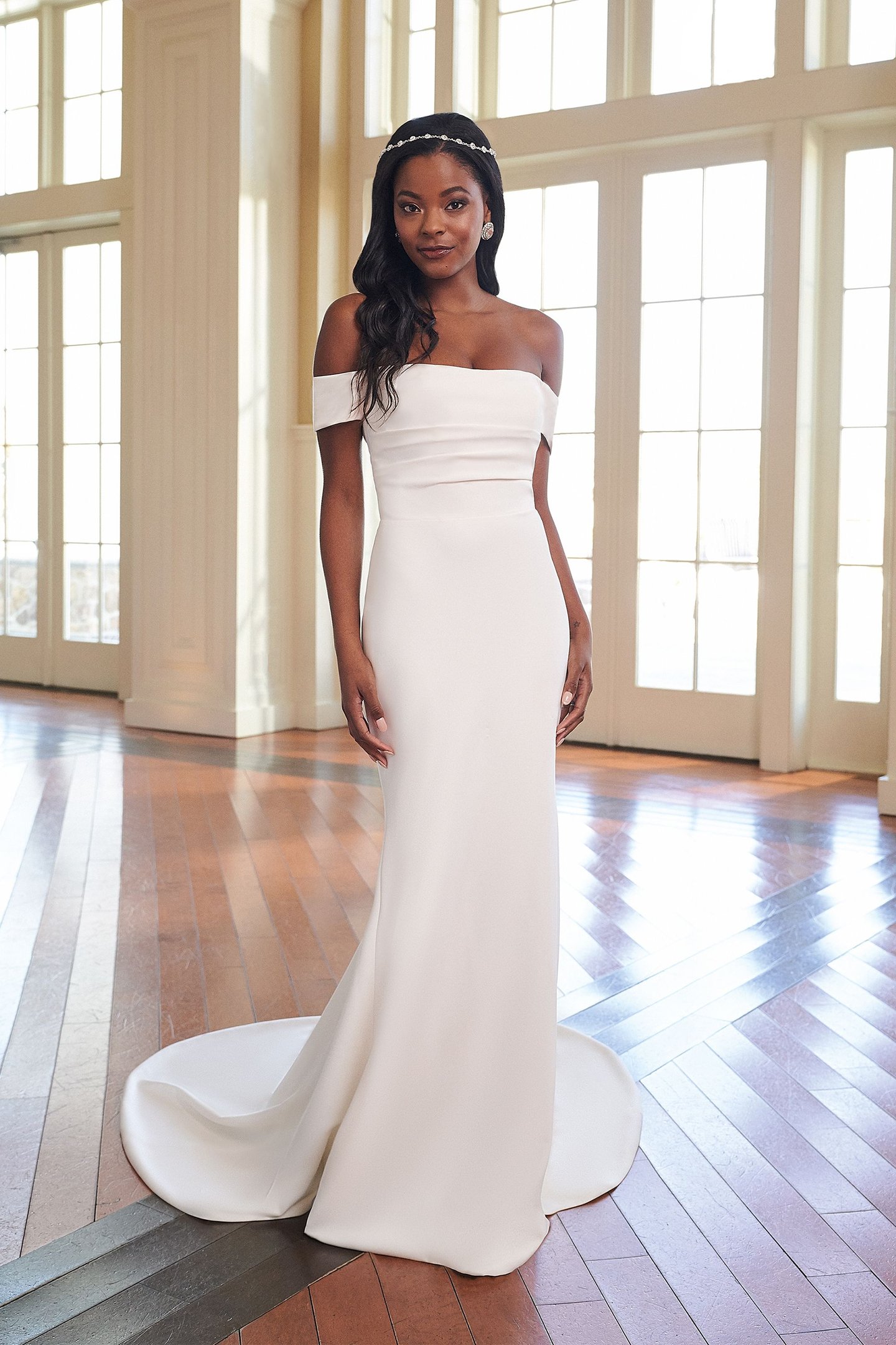 Off-the-Shoulder Stretch Crepe Fit and Flare Gown -  Wedding Dress - White Rose Bridal Newark NJ