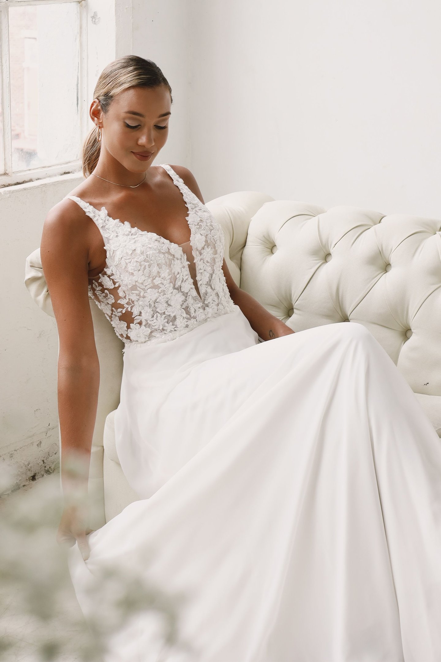 Beaded Chiffon A-Line Gown with 3D Appliques and Cutout Train -  Wedding Dress - White Rose Bridal Newark NJ