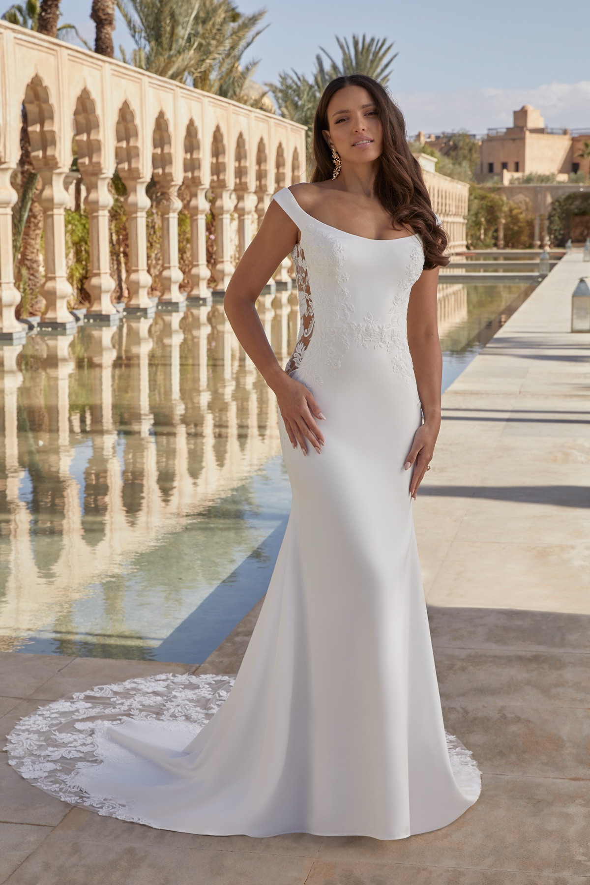 Crepe Fit and Flare with Scoop Neckline and Side Cutouts - Sincerity by Justin Alexander Wedding Dress - White Rose Bridal Newark NJ